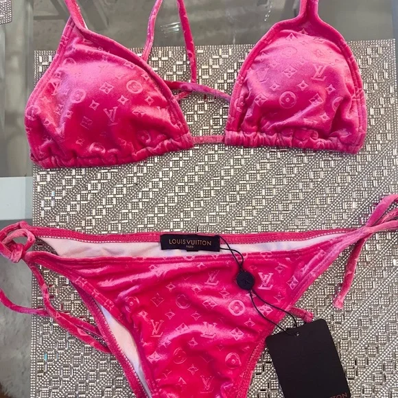 💗 LOUIS VUITTON Monogram LV Velvet Hot Pink Bikini & Skirt Swim Swimsuit NEW M - Picture 3 of 12